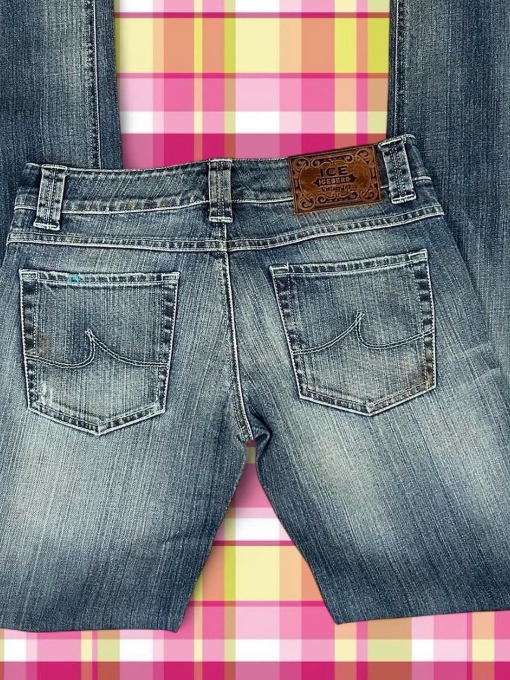 Ice Iceberg Women's Faded Blue skinny Jeans with Leather Patch y2k